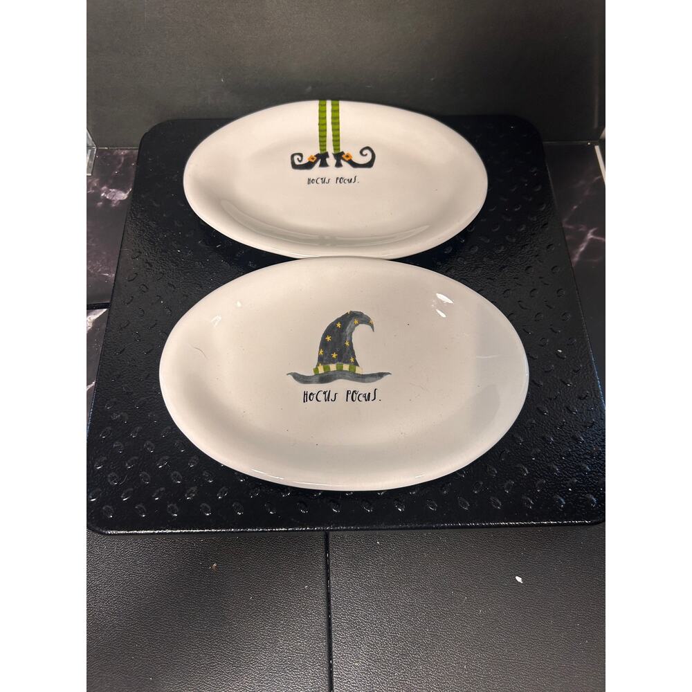 Rae Dunn Magenta Halloween ceramic snack plates featuring "Hocus Pocus" - pair